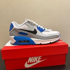NIB Big Kid Nike Air Max 90 Leather CD6864 127 White/Black-Photo Blue